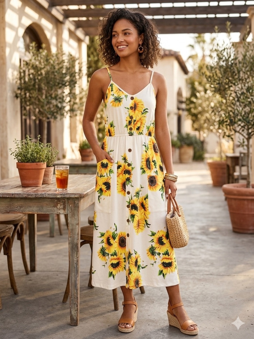 Sunflower Print Spaghetti Strap Midi Dress - Cream & Yellow